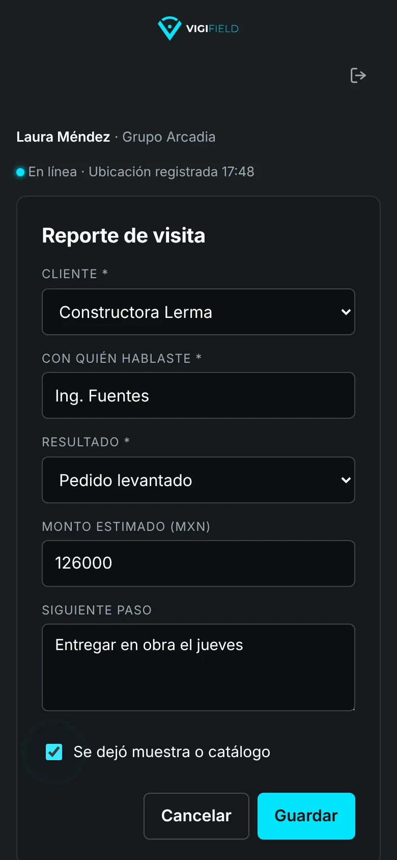 Vigifield Android app: completed visit report form