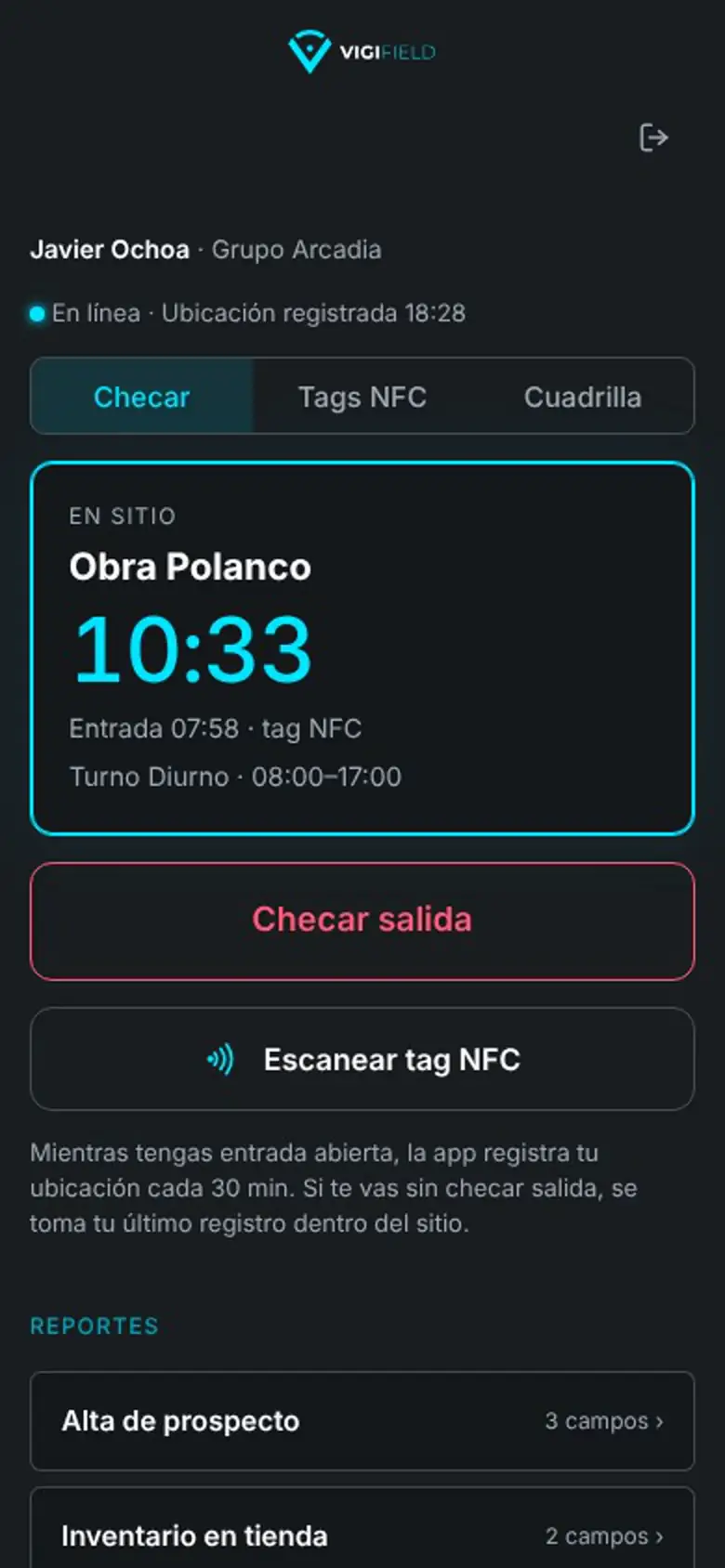 App de Vigifield del supervisor: en sitio en Obra Polanco desde las 07:58, con pestañas Checar, Tags NFC y Cuadrilla