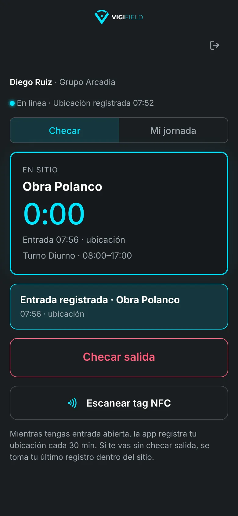 App de Vigifield: trabajador en sitio en Obra Polanco con entrada registrada a las 07:56 por ubicación