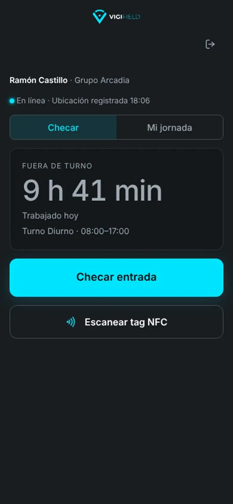 App de Vigifield al terminar el día: fuera de turno, 9 h 41 min trabajadas hoy en turno diurno de 08:00 a 17:00