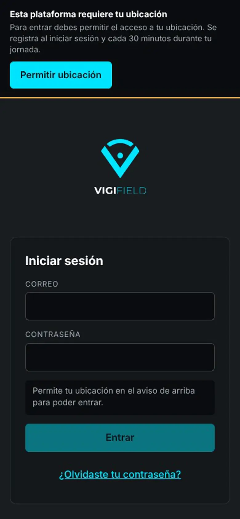 App Android de Vigifield: aviso de que la plataforma requiere la ubicación, con el botón Permitir ubicación