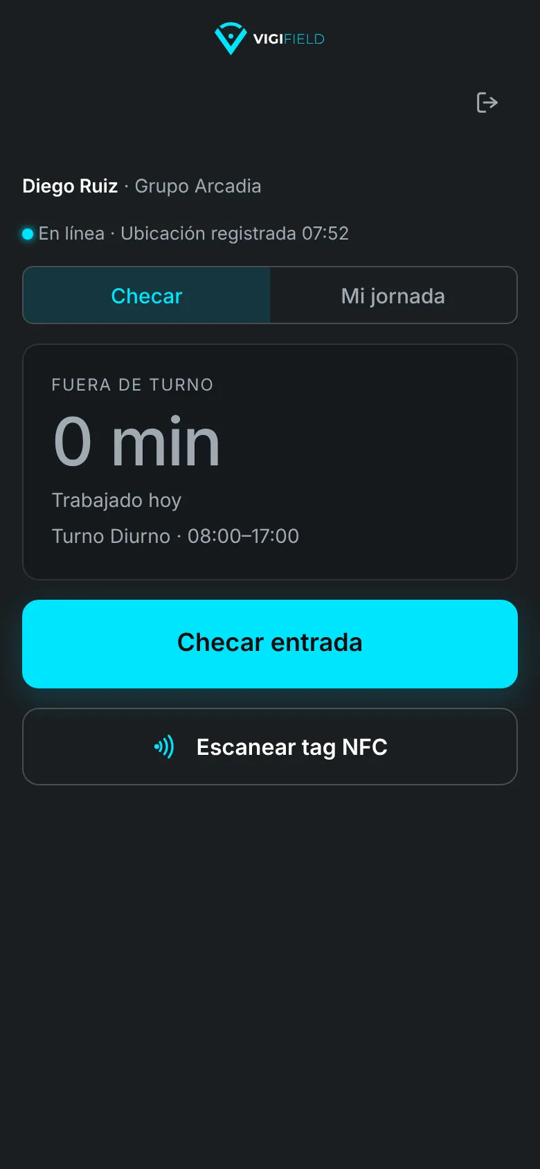 App de Vigifield: trabajador fuera de turno con los botones Checar entrada y Escanear tag NFC