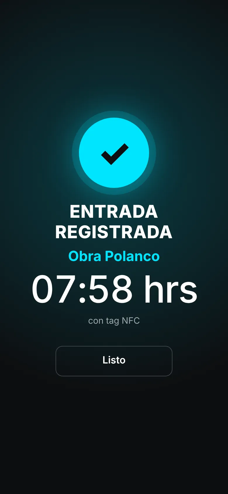 App de Vigifield: entrada registrada con tag NFC en el sitio