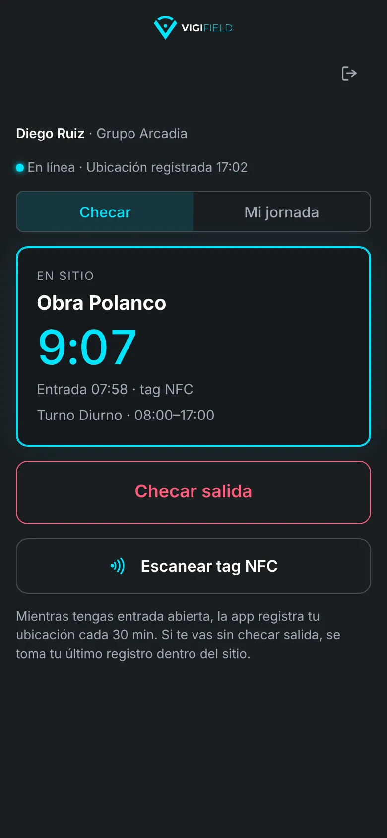 App de Vigifield: trabajador en sitio desde las 07:58 después de checar con tag NFC