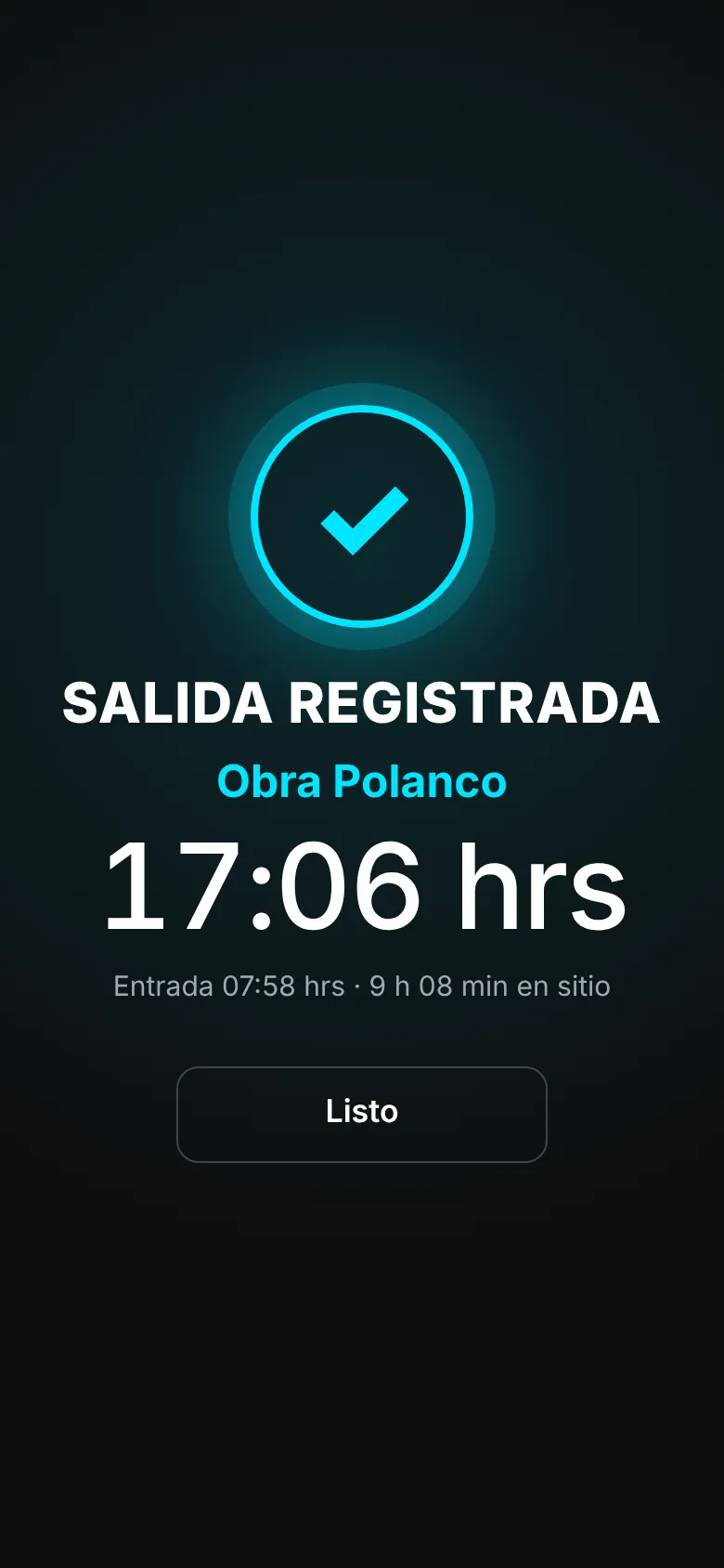 App de Vigifield: salida registrada con tag NFC después de confirmar
