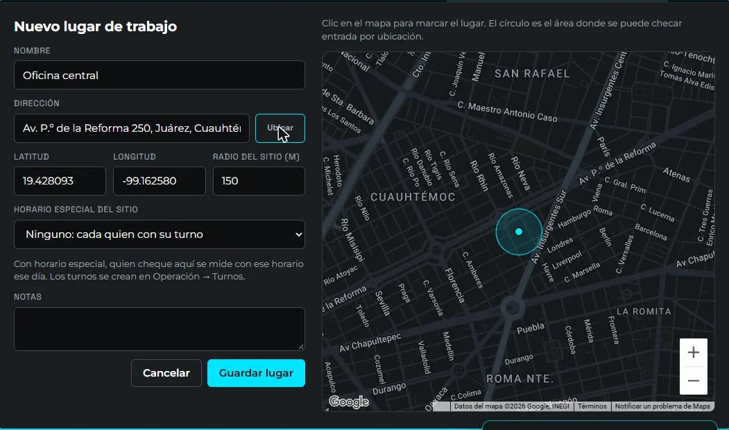 Formulario Nuevo lugar de trabajo en Vigifield con la dirección ubicada en el mapa de Google y el círculo del área para checar