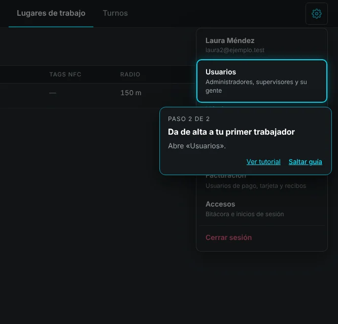 Menú de configuración de Vigifield con la opción Usuarios señalada