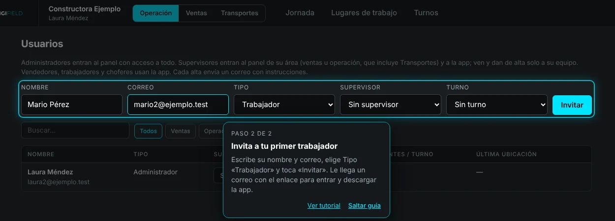 Formulario para invitar usuarios en Vigifield con nombre, correo, tipo Trabajador, supervisor y turno