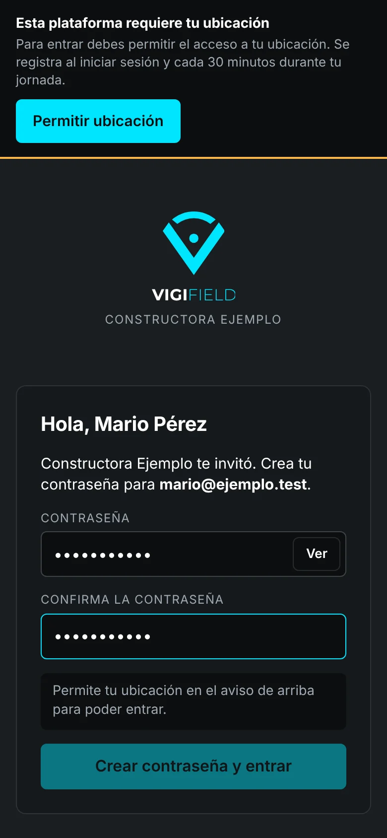 Invitación de Vigifield en el teléfono: Hola Mario Pérez, crea tu contraseña